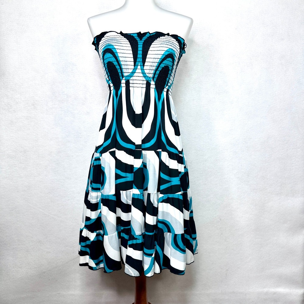 Moa Moa Strapless Tube Dress‎ Womens Small Teal Black White Geometric Excellent